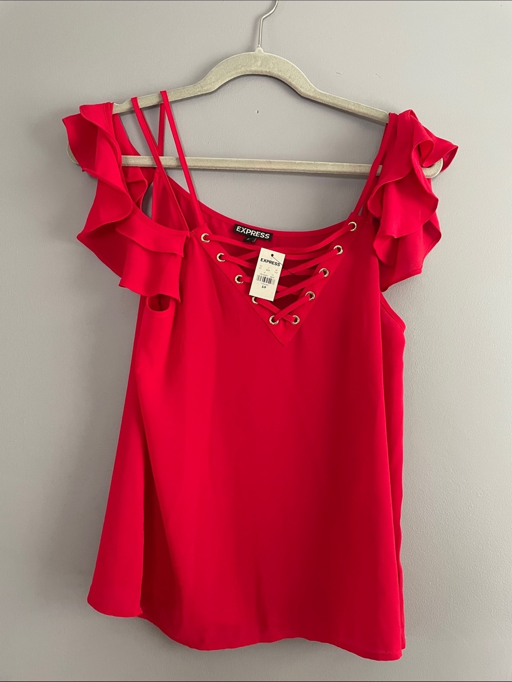 Express Women's Hot Pink Lace-Up Ruffle Cold-Shoulder Camisole